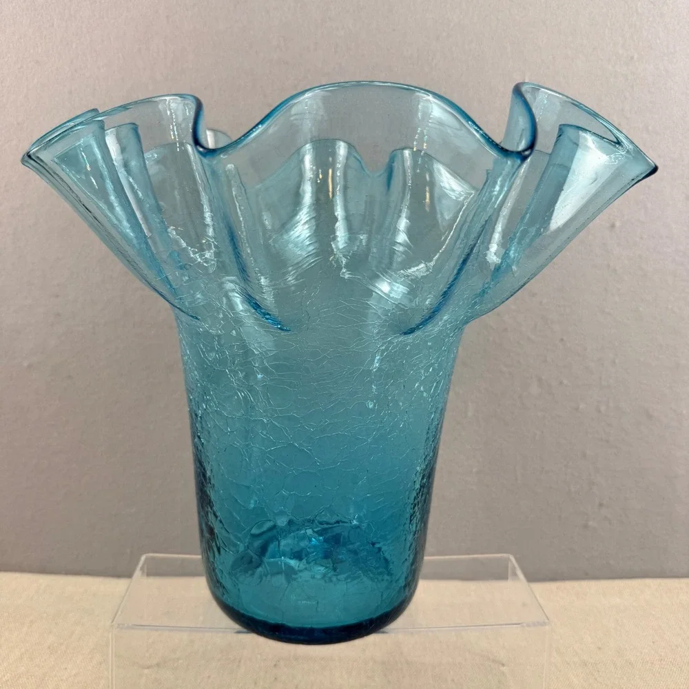 VTG Bischoff‎ Peacock Blue Glass Crackle Vase Ruffled Rim 11